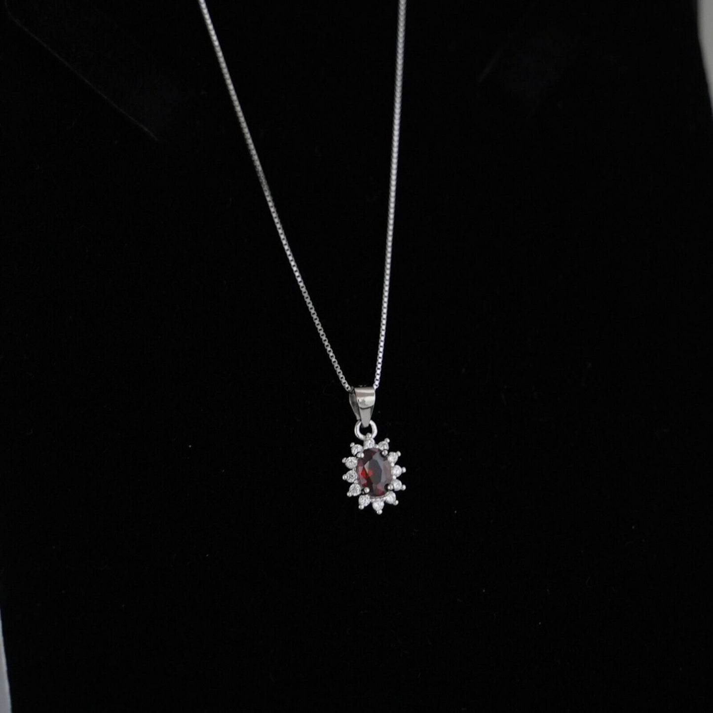 Sterling Silver Classic Red Ruby Garnet Colour Oval CZ Cluster Pendant Necklace - sugarkittenlondon