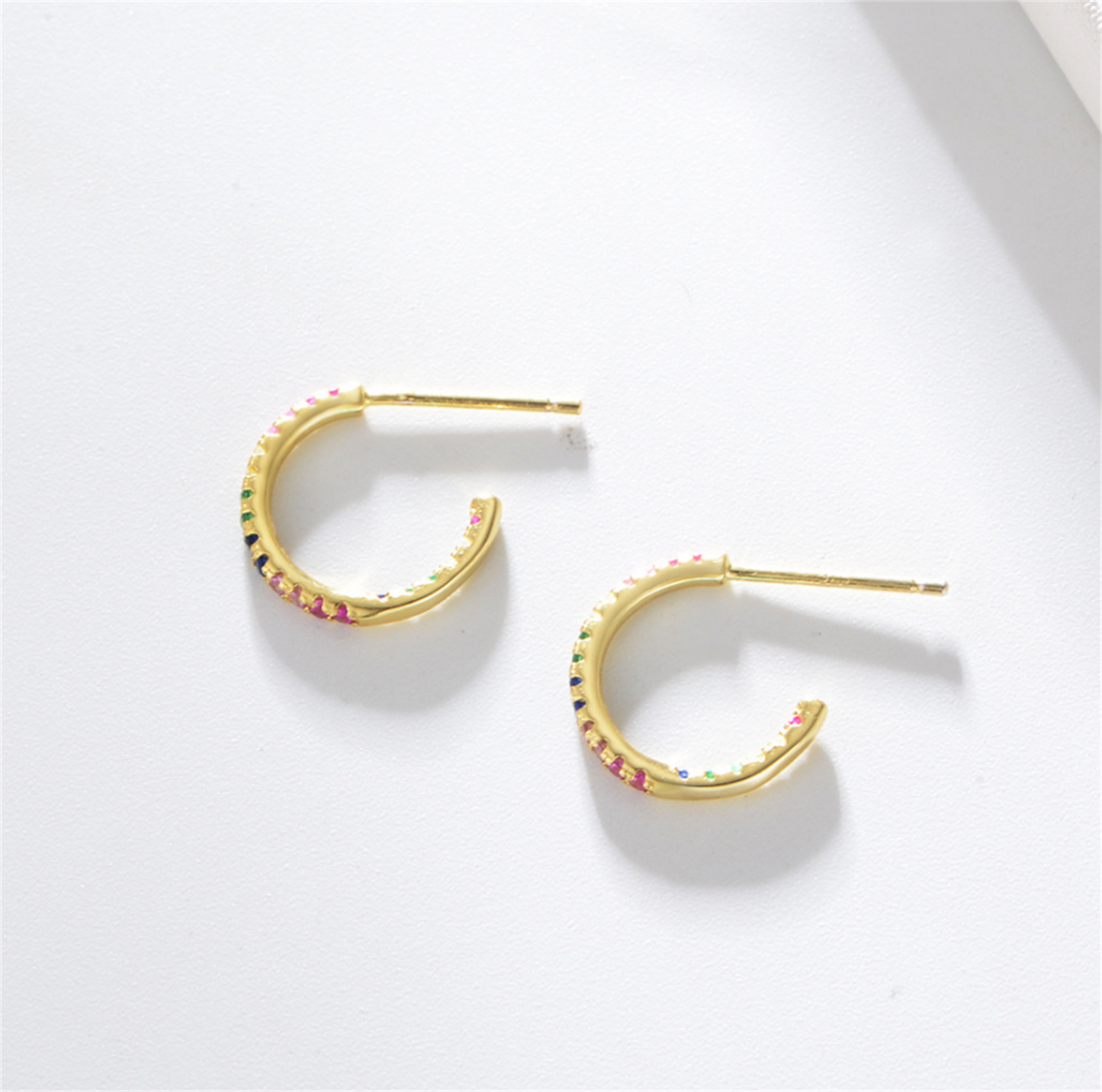 14K Gold Plated Sterling Silver Eternity Hoop Earrings with Rainbow CZ and Synthetic Turquoise