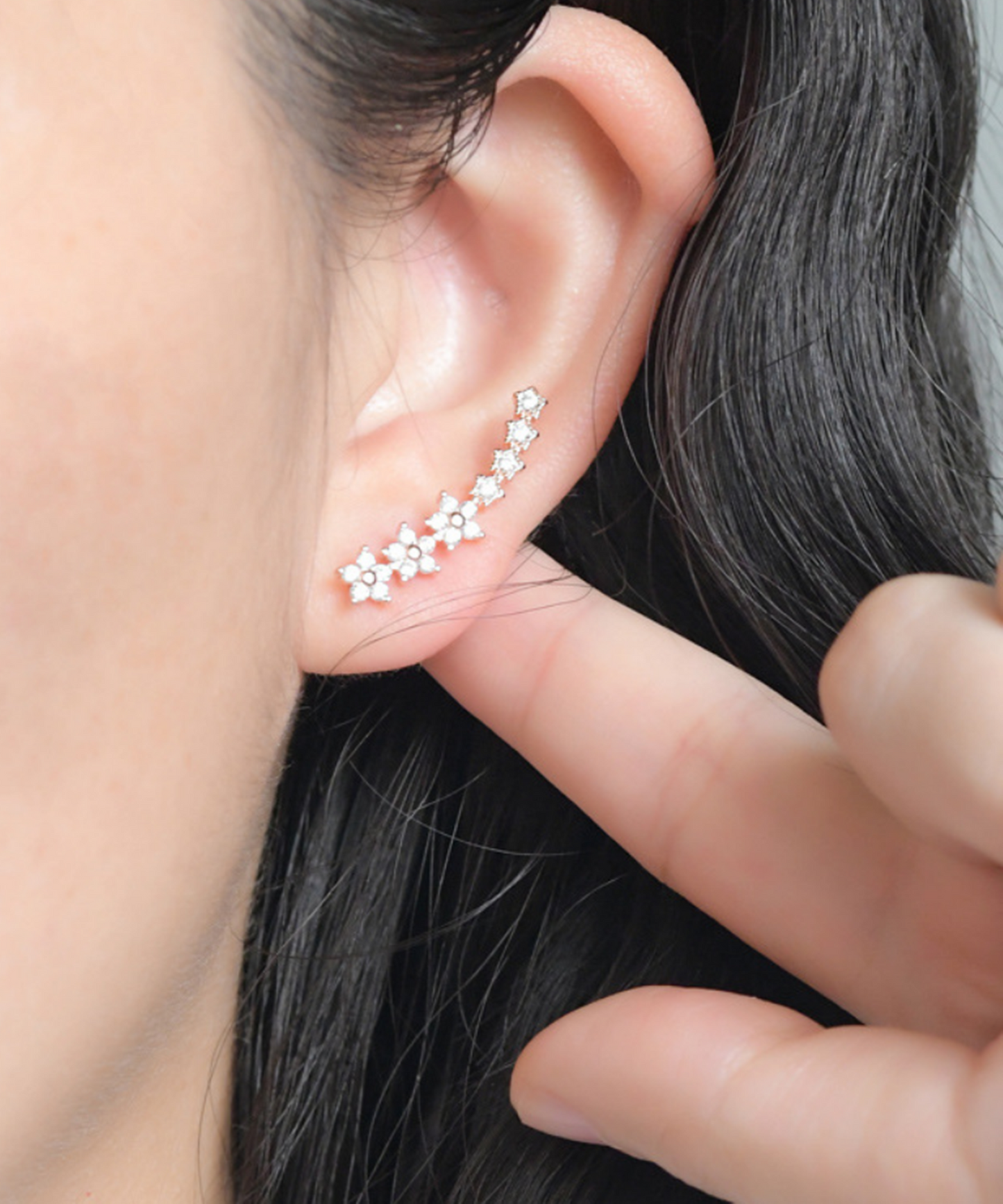 Sterling Silver Paved CZ Curved Line Star Flower Post Drop Climber Earrings 3 Tones