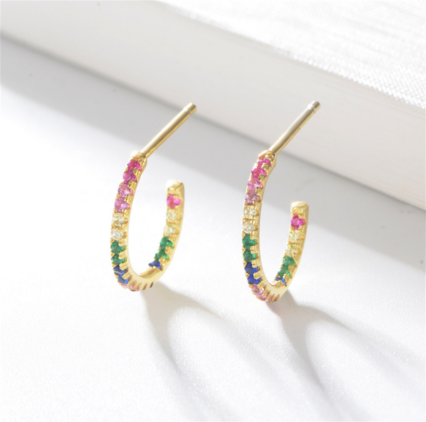 14K Gold Plated Sterling Silver Eternity Hoop Earrings with Rainbow CZ and Synthetic Turquoise