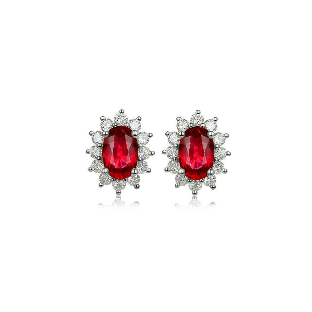 Ruby Halo CZ Red garnet yam Sterling silver earrings silver studs jewellery box - sugarkittenlondon