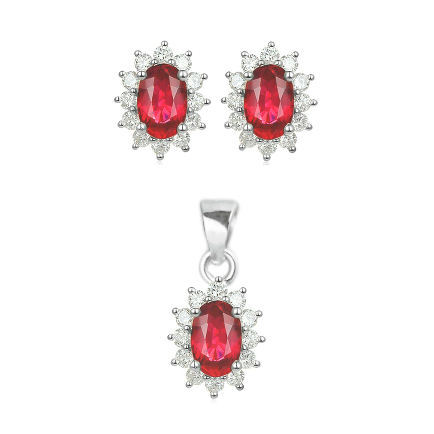 Ruby Halo CZ Red garnet yam Sterling silver earrings silver studs jewellery box - sugarkittenlondon
