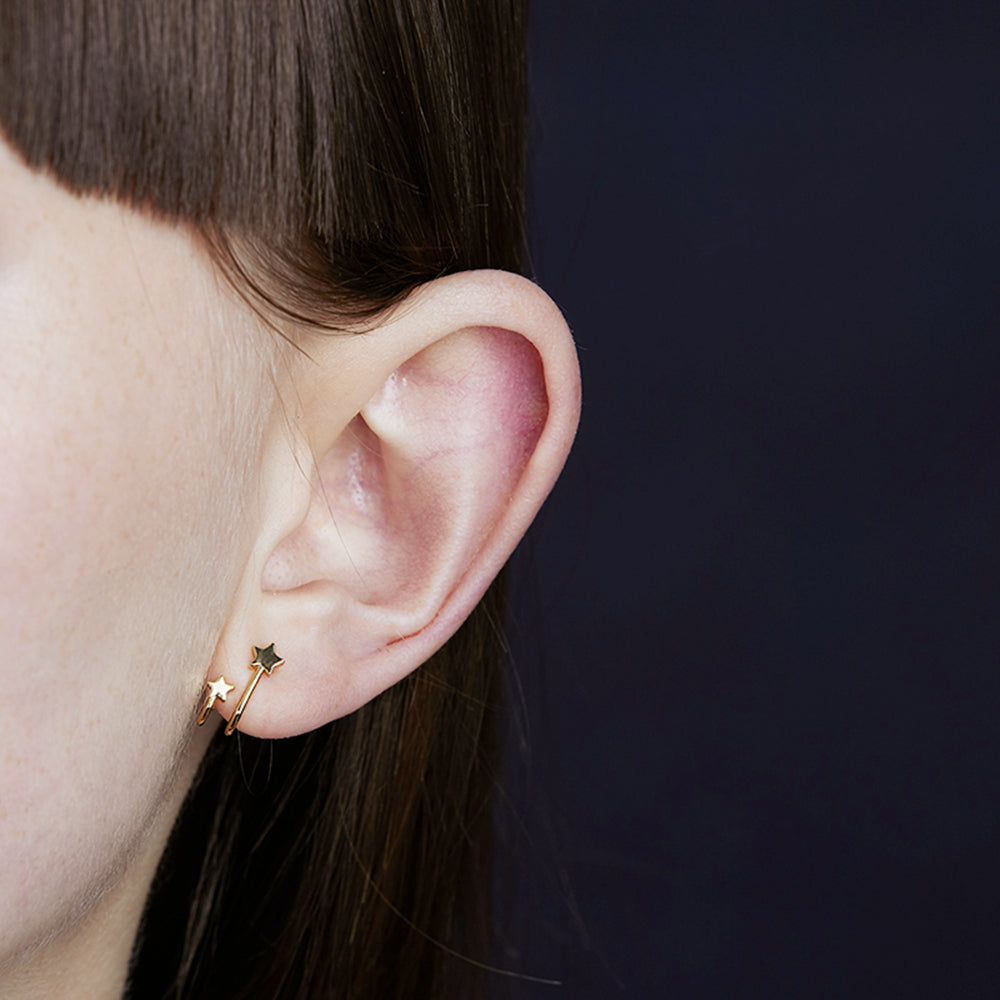 Sterling Silver Double Shooting Stars Huggie Cuff Stud Earrings 2 Tones - sugarkittenlondon