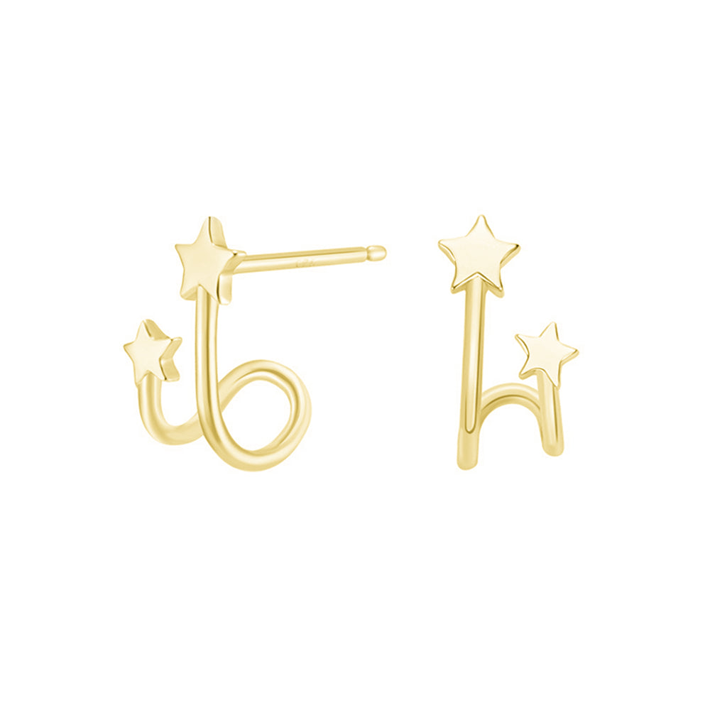 Sterling Silver Double Shooting Stars Huggie Cuff Stud Earrings 2 Tones - sugarkittenlondon