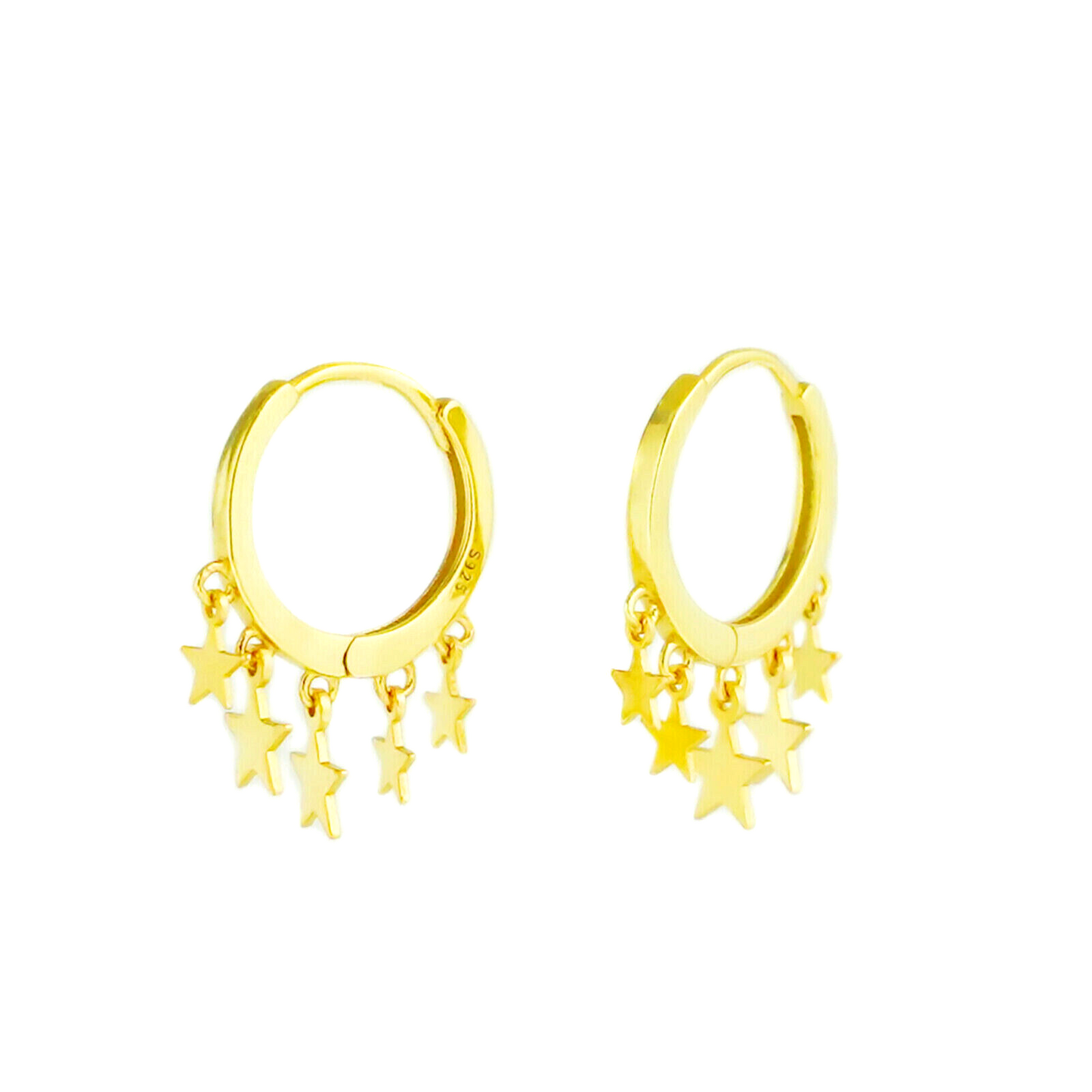 18K Gold-plated Sterling Silver Star Sleeper Hinged Hoop Charm Drop Earrings