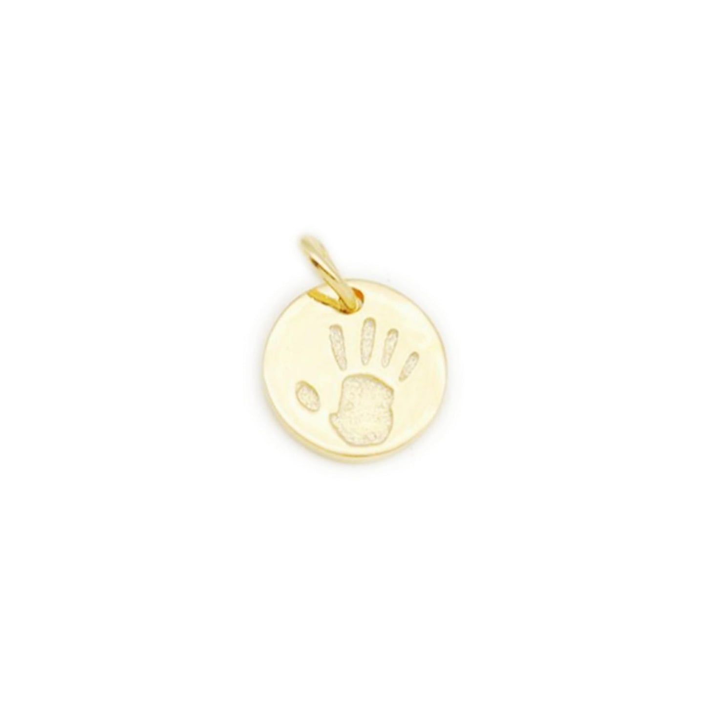 Round gold handprint charm pendant with bail loop, isolated
