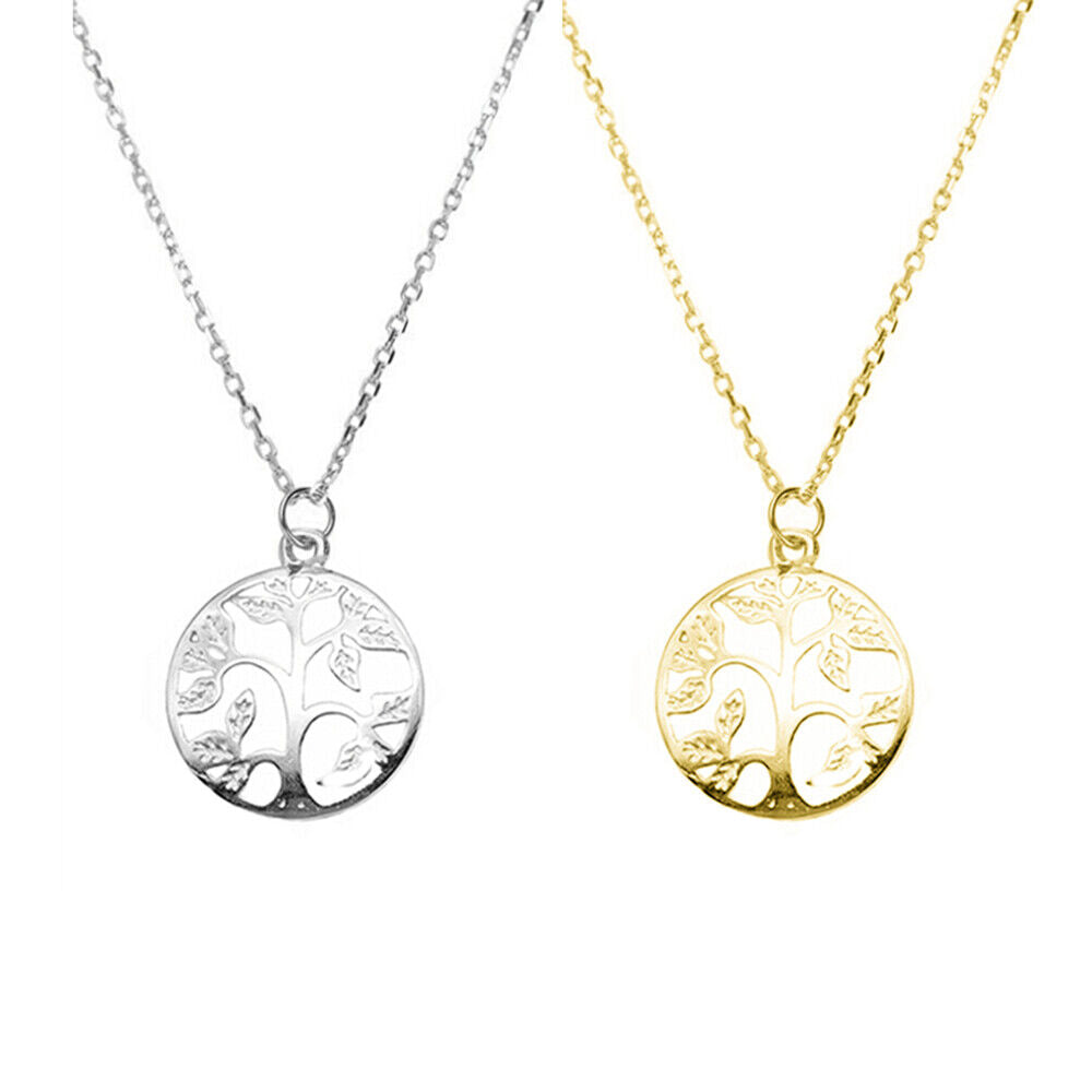 Sterling Silver Dome Circle Disc Tree of Life Family Tree Necklace 2 Tones - sugarkittenlondon