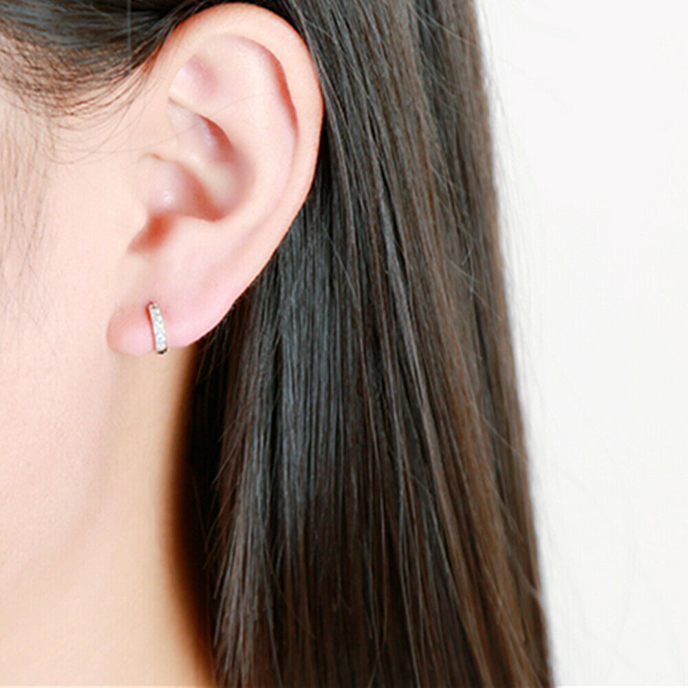 Sterling Silver 5.5mm 6mm Hoop Pave CZ Huggie Hinged Cuff Half Eternity Earrings - sugarkittenlondon