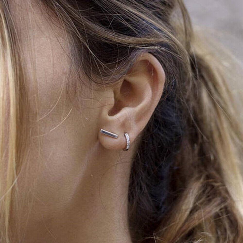 Sterling Silver 5.5mm 6mm Hoop Pave CZ Huggie Hinged Cuff Half Eternity Earrings - sugarkittenlondon