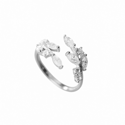 Sterling Silver CZ Leaf Branch Ring Rhodium Rose Gold
