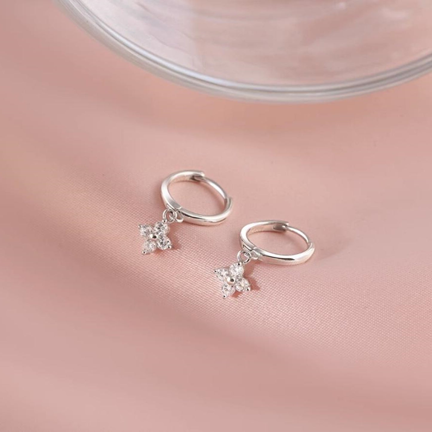 Sterling Silver Flower Hoop Earrings with CZ Charm - Hinged Huggie - 2 Tones