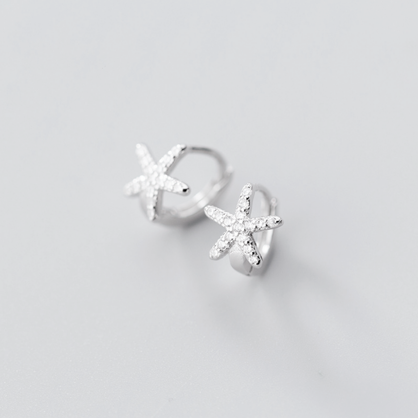 Sterling Silver 7mm Hoop Small Paved CZ SEA STAR Starfish Huggie Earrings - sugarkittenlondon