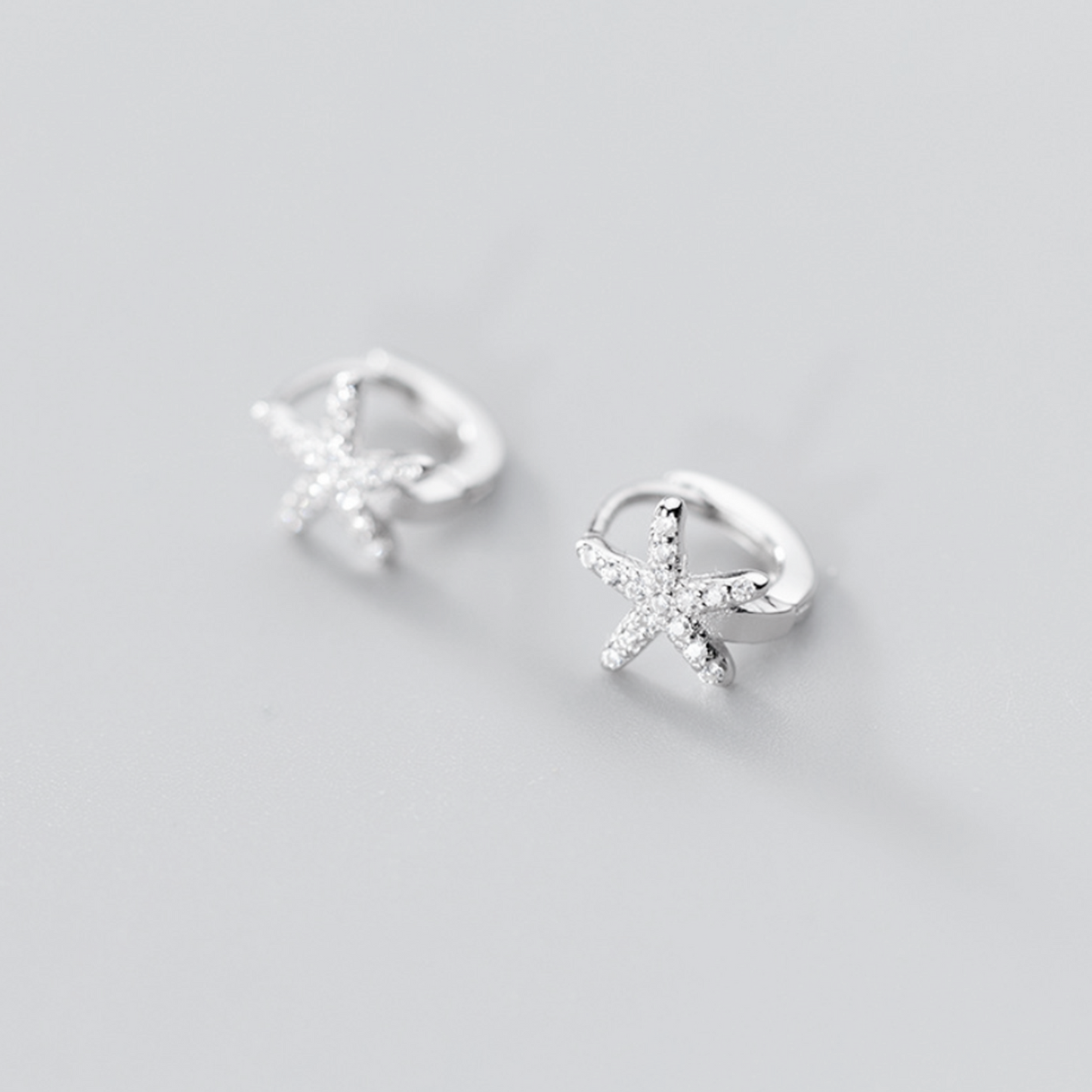 Sterling Silver 7mm Hoop Small Paved CZ SEA STAR Starfish Huggie Earrings - sugarkittenlondon
