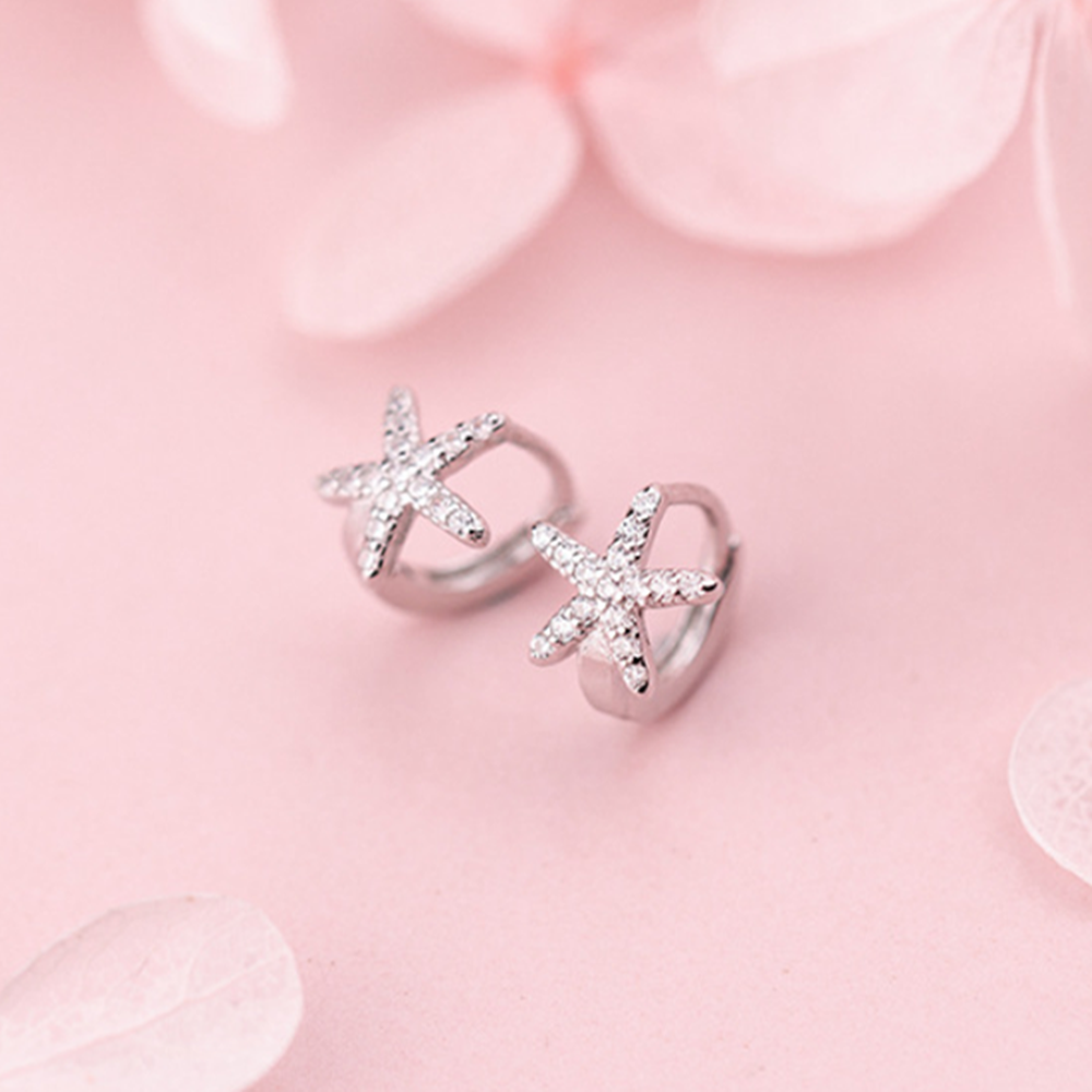 Sterling Silver 7mm Hoop Small Paved CZ SEA STAR Starfish Huggie Earrings - sugarkittenlondon