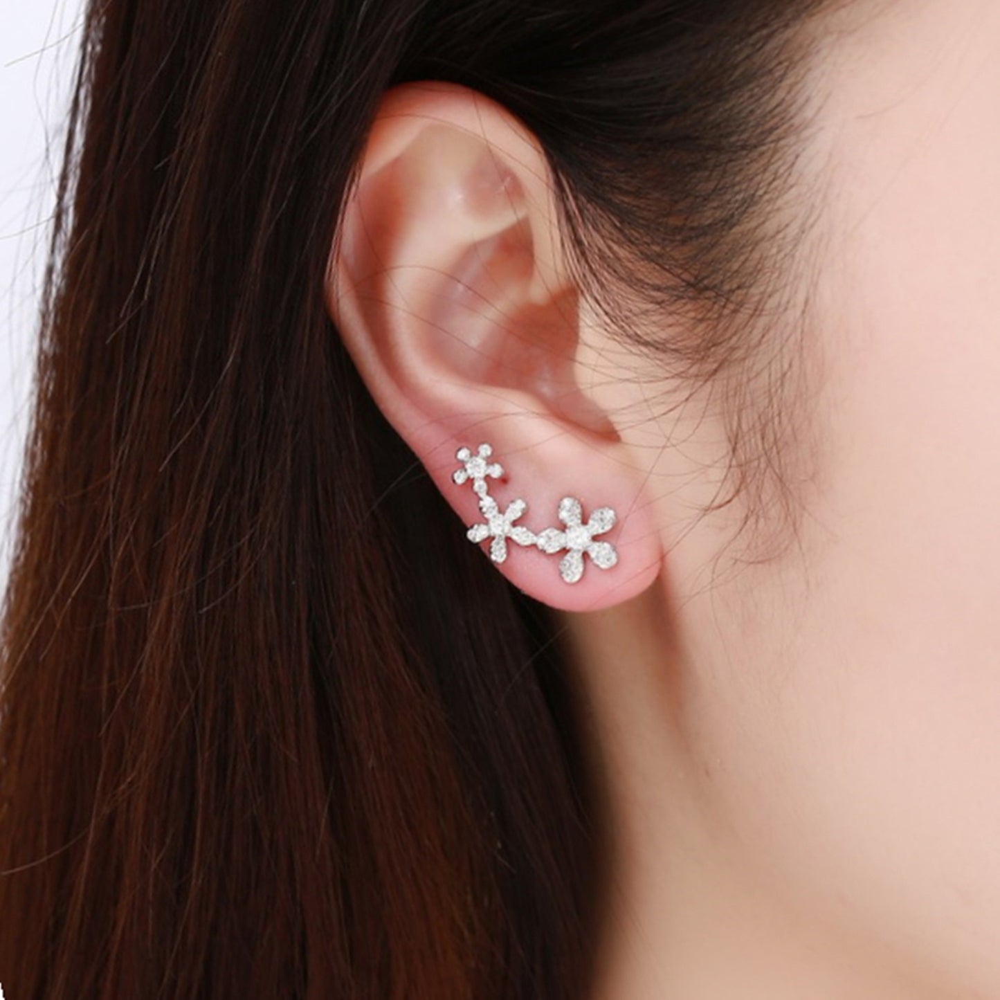 925 Sterling Silver Cuff Drop Earrings with Paved CZ Flowers