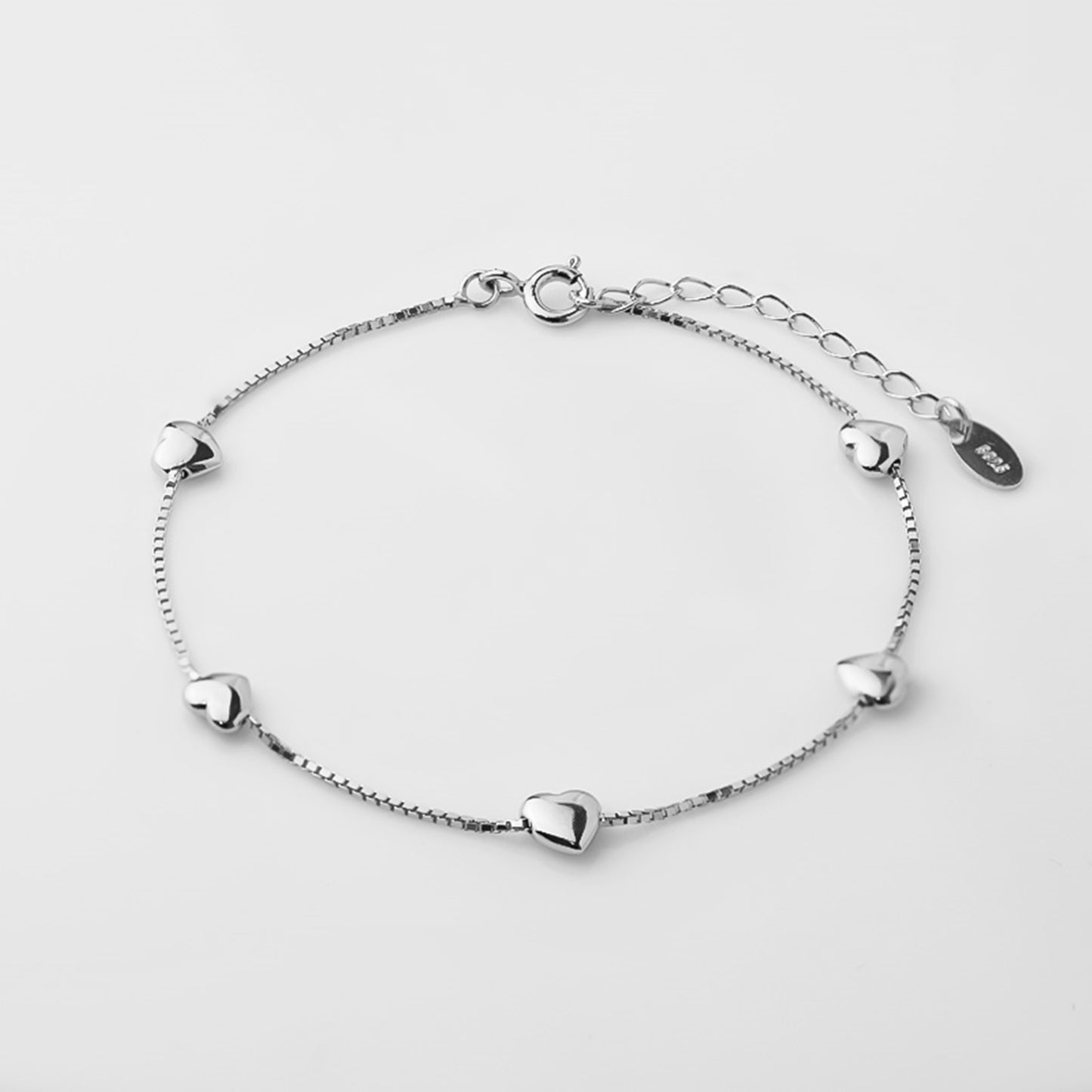 Sterling Silver Solid Adjustable Puffy Love Hearts Bracelet on Box Chain - sugarkittenlondon