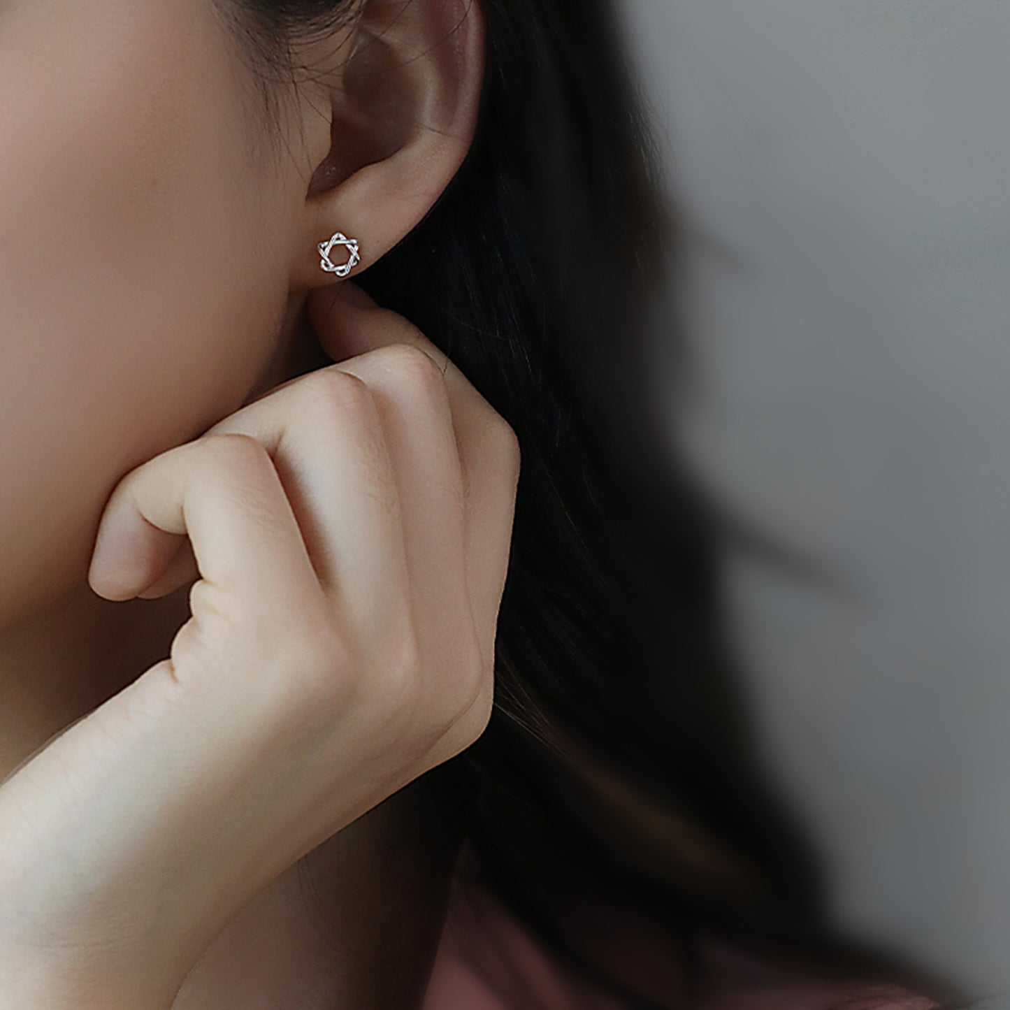 Fine Silver 6mm Hollow Six Pointed Star of David Hex Stud Earrings