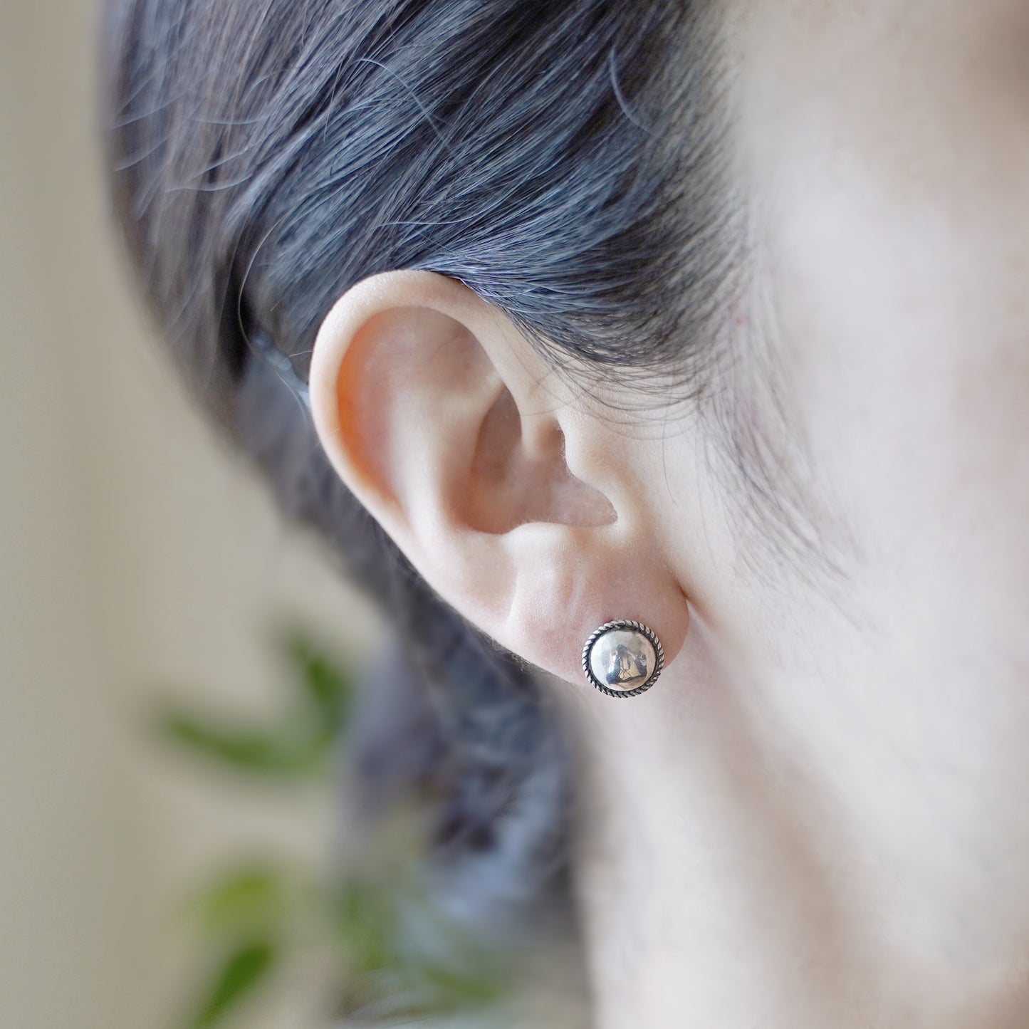 Sterling Silver Oxidized 10mm Dome Dot Stud Half Ball Twist Knot Edged Earrings