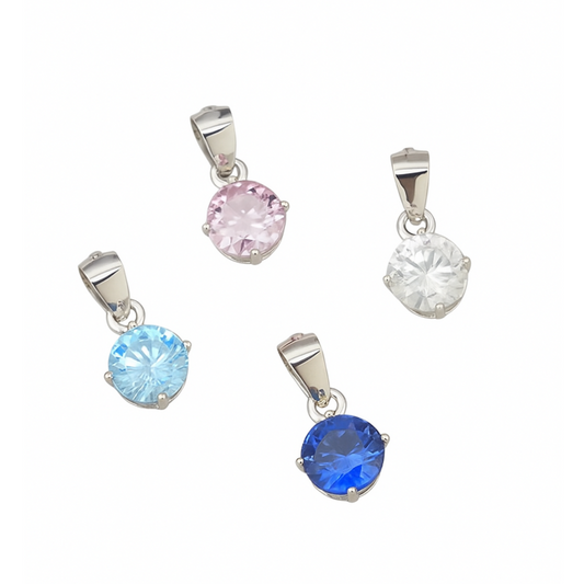 Sterling Silver 6mm Cubic Zirconia Diamanté Pendant Necklace Clear Pink Blue Topaz Sapphire Blue