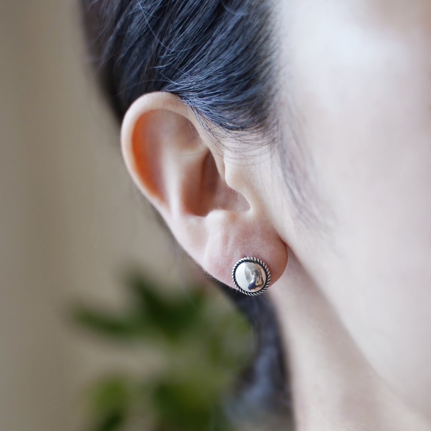 Sterling Silver Oxidized 10mm Dome Dot Stud Half Ball Twist Knot Edged Earrings