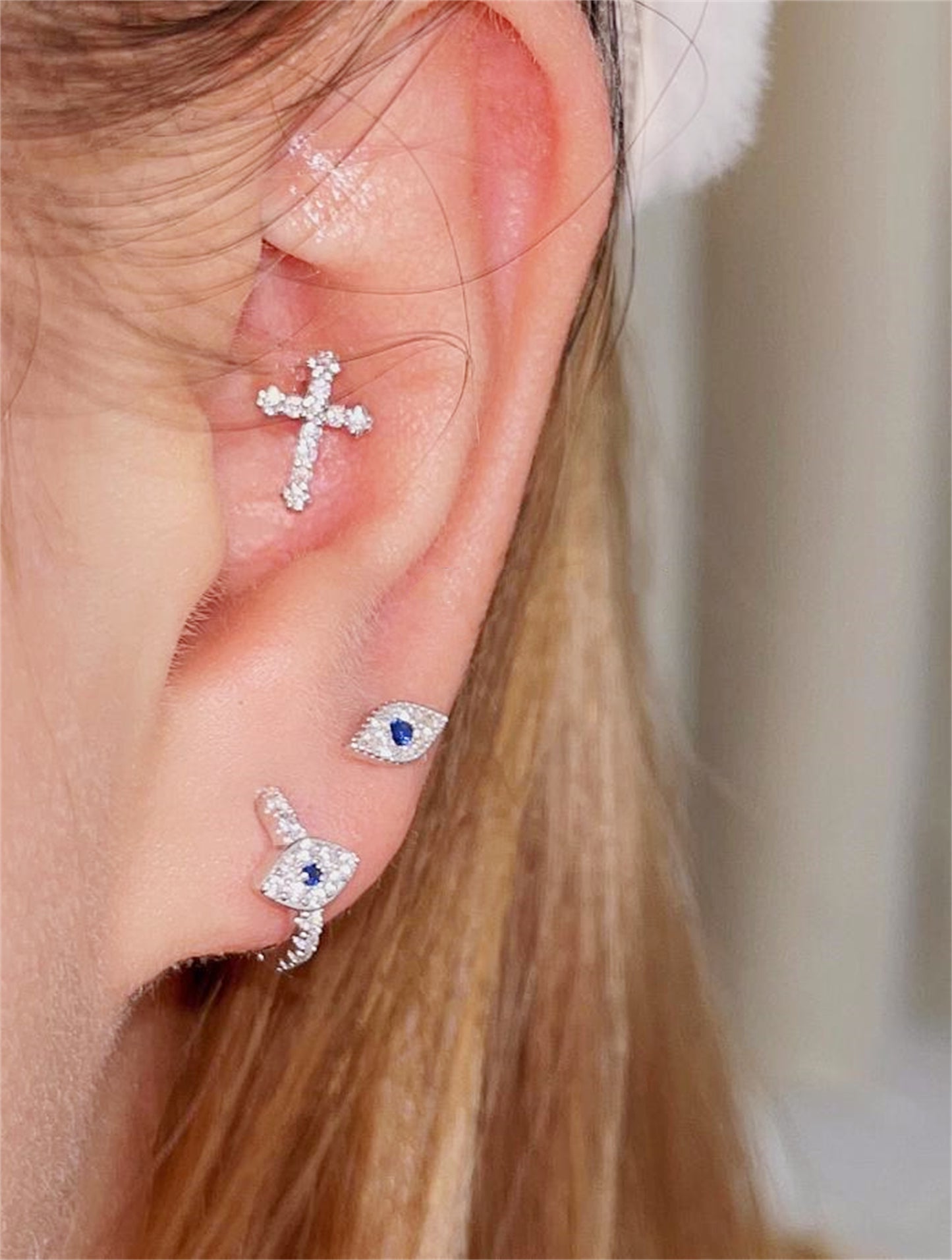 8mm Sterling Silver Evil Eye Hoop Earrings with Blue and White CZ Paving