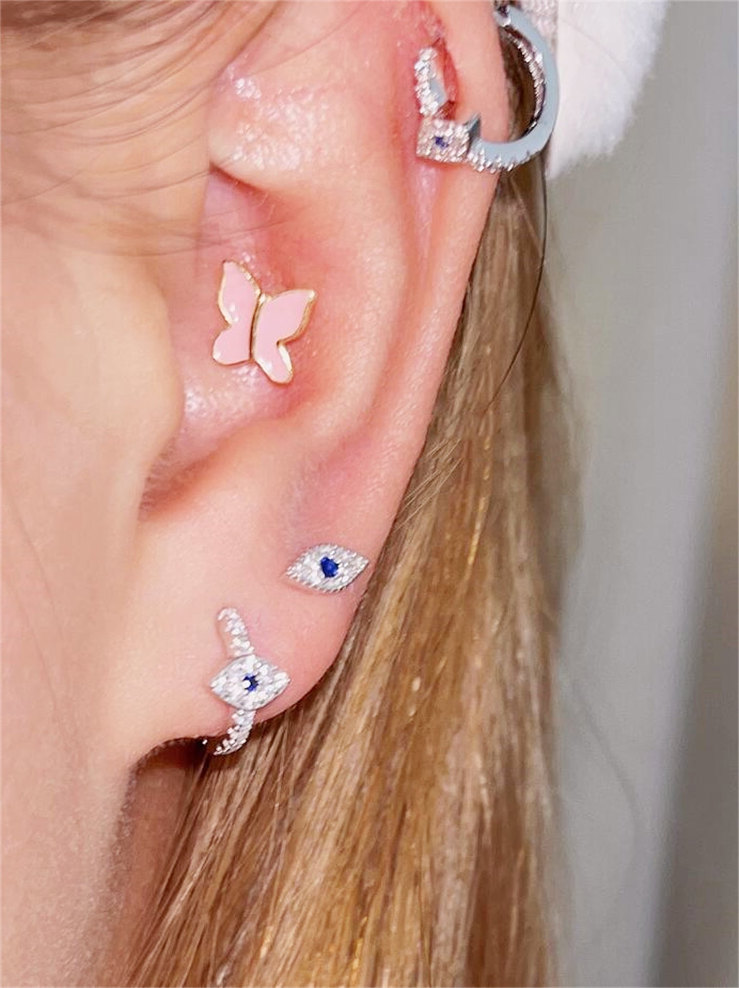 8mm Sterling Silver Evil Eye Hoop Earrings with Blue and White CZ Paving