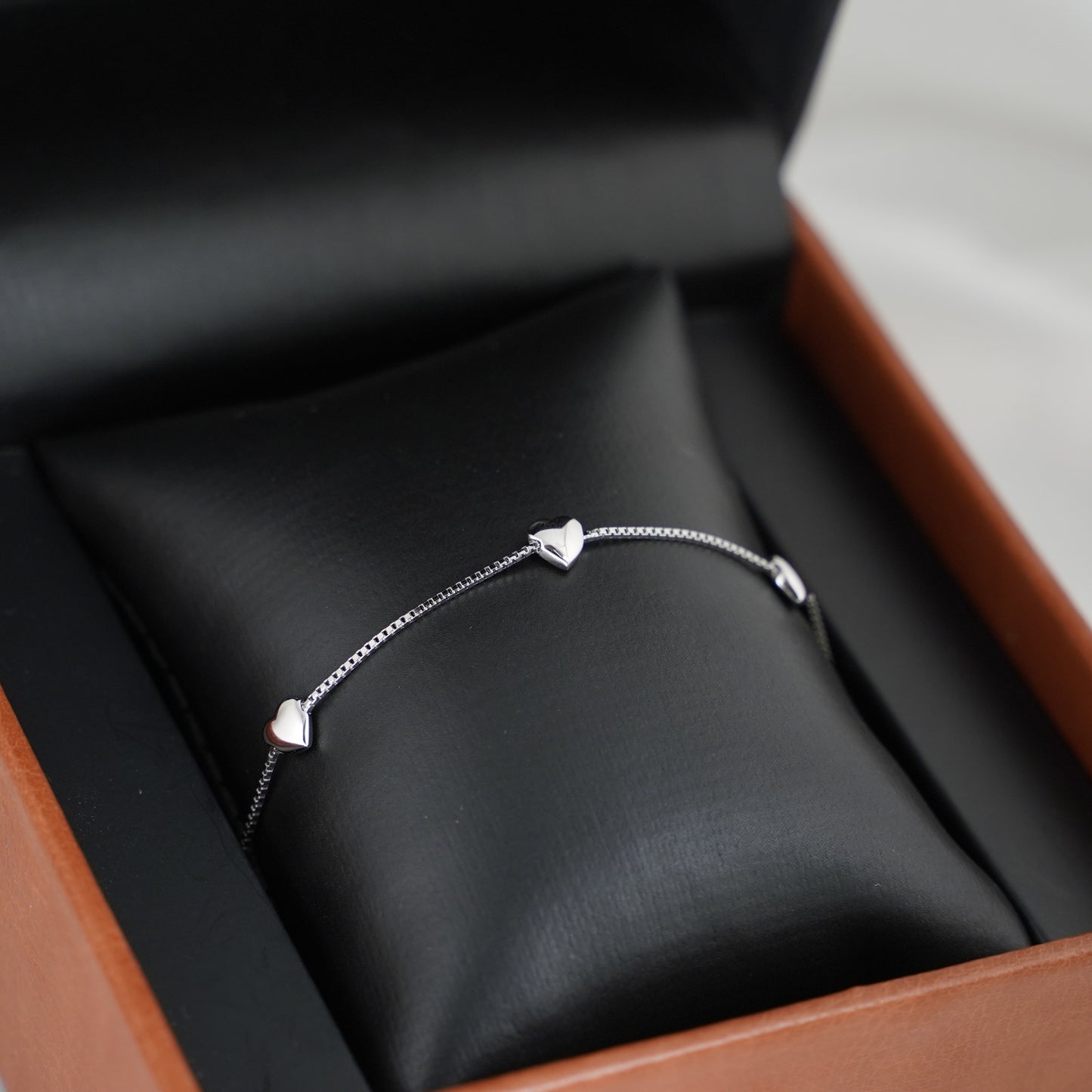 Sterling Silver Solid Adjustable Puffy Love Hearts Bracelet on Box Chain - sugarkittenlondon