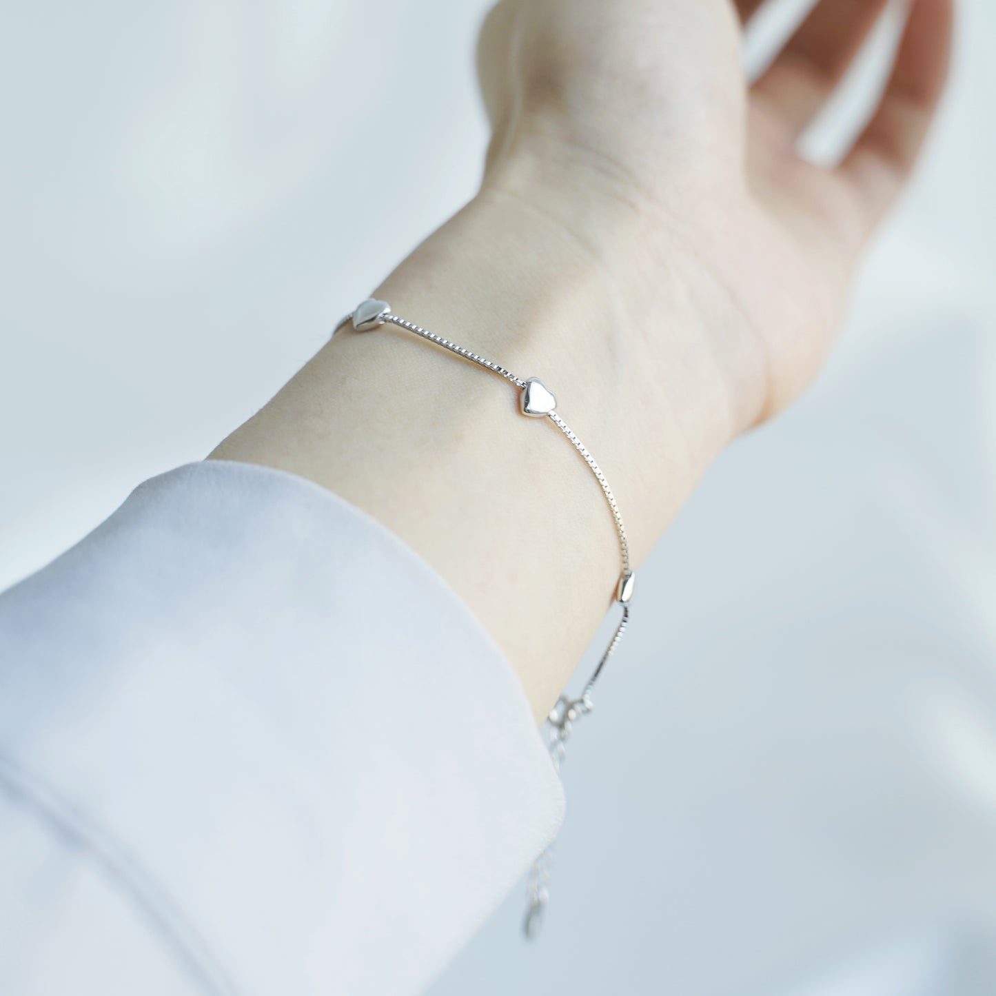 Sterling Silver Solid Adjustable Puffy Love Hearts Bracelet on Box Chain - sugarkittenlondon