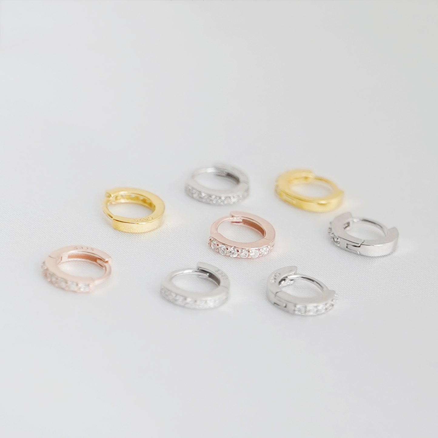 Sterling Silver 5.5mm 6mm Hoop Pave CZ Huggie Hinged Cuff Half Eternity Earrings - sugarkittenlondon