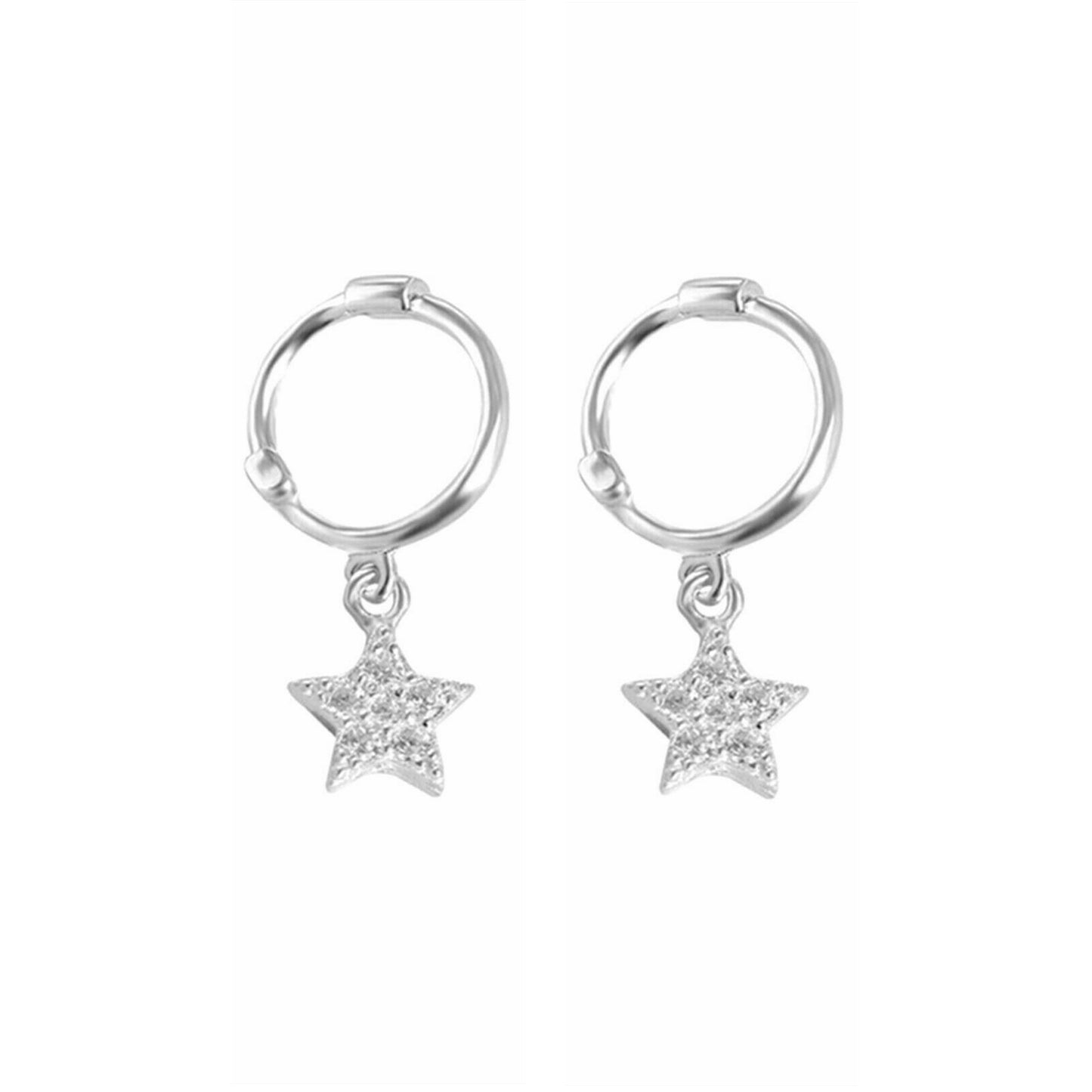 Sterling Silver Sleeper Hinged Hoop Crescent Moon Star Drop Circle Earrings - sugarkittenlondon