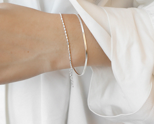 Sterling Silver Flat Snake Chain Tube Beads 2 Layers Adjustable Bracelet - sugarkittenlondon
