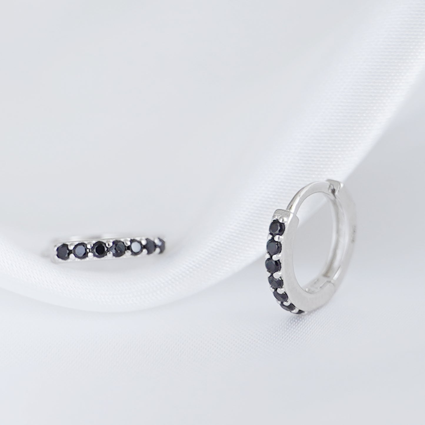 Sterling Silver 8mm 11mm Huggie Hoop White Black CZ Hinged Half Eternity Earrings - sugarkittenlondon