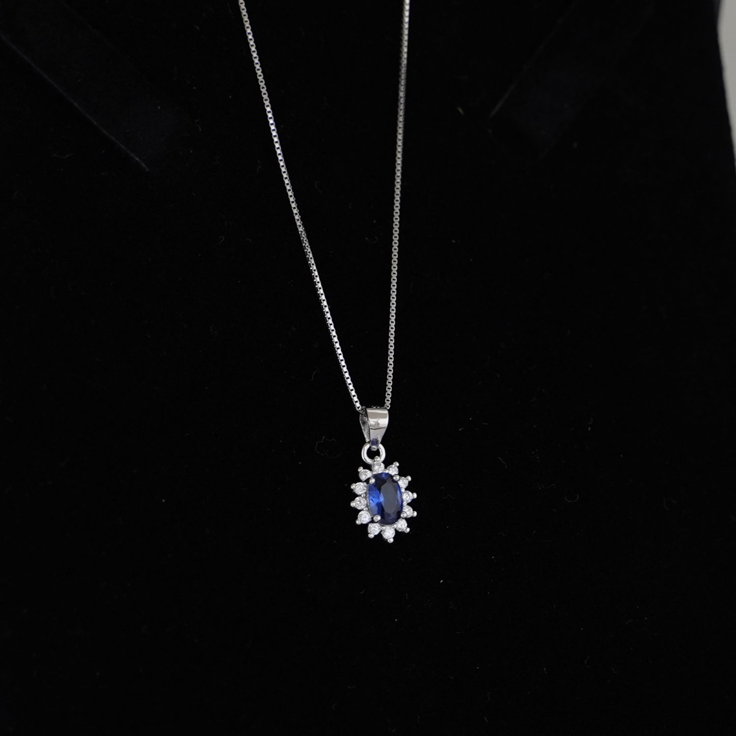 Sterling Silver Classic Blue Sapphire Colour Oval CZ Cluster Pendant Necklace - sugarkittenlondon
