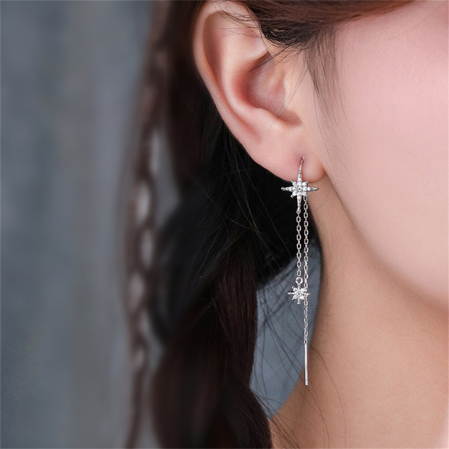 Sterling Silver Paved CZ Pole Star Chain Drop Pull Through Threader Earrings - sugarkittenlondon