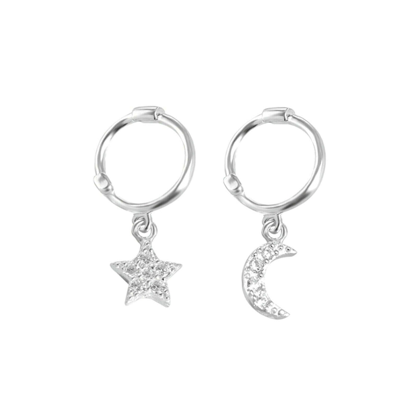 Sterling Silver Sleeper Hinged Hoop Crescent Moon Star Drop Circle Earrings - sugarkittenlondon