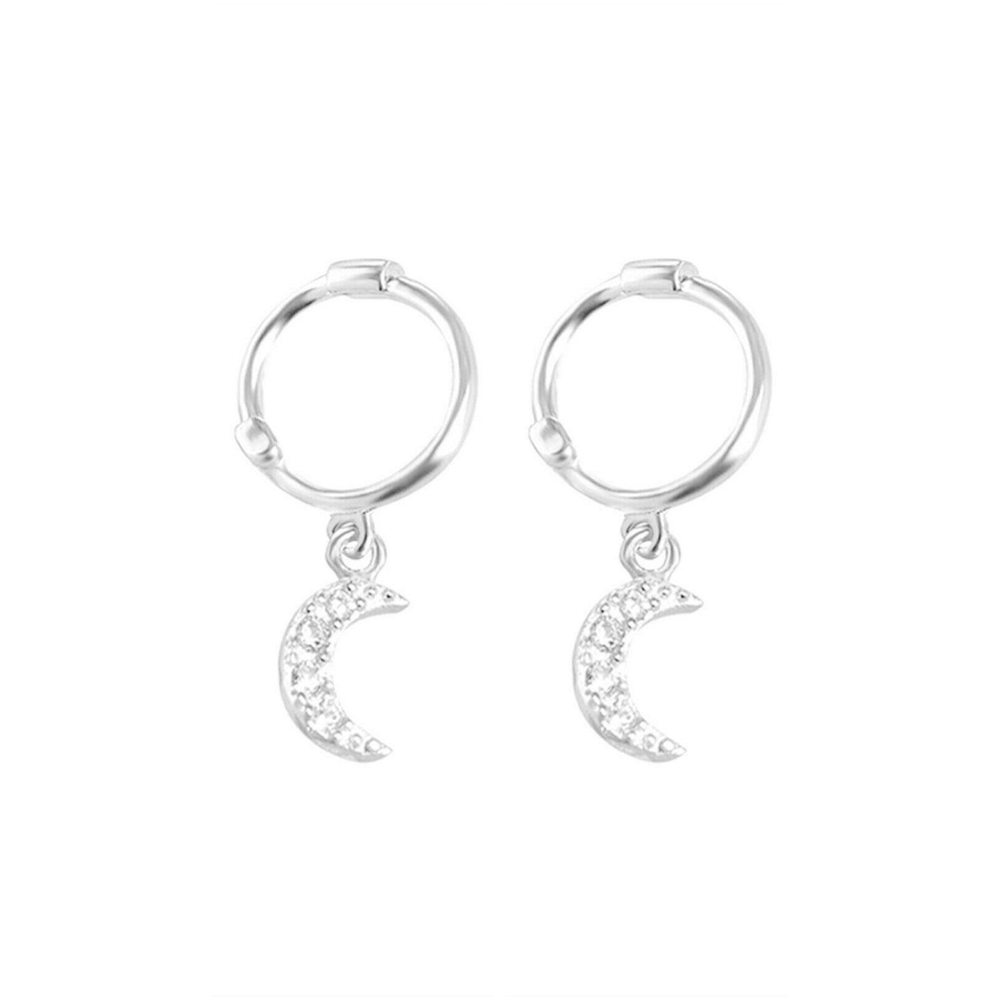 Sterling Silver Sleeper Hinged Hoop Crescent Moon Star Drop Circle Earrings - sugarkittenlondon