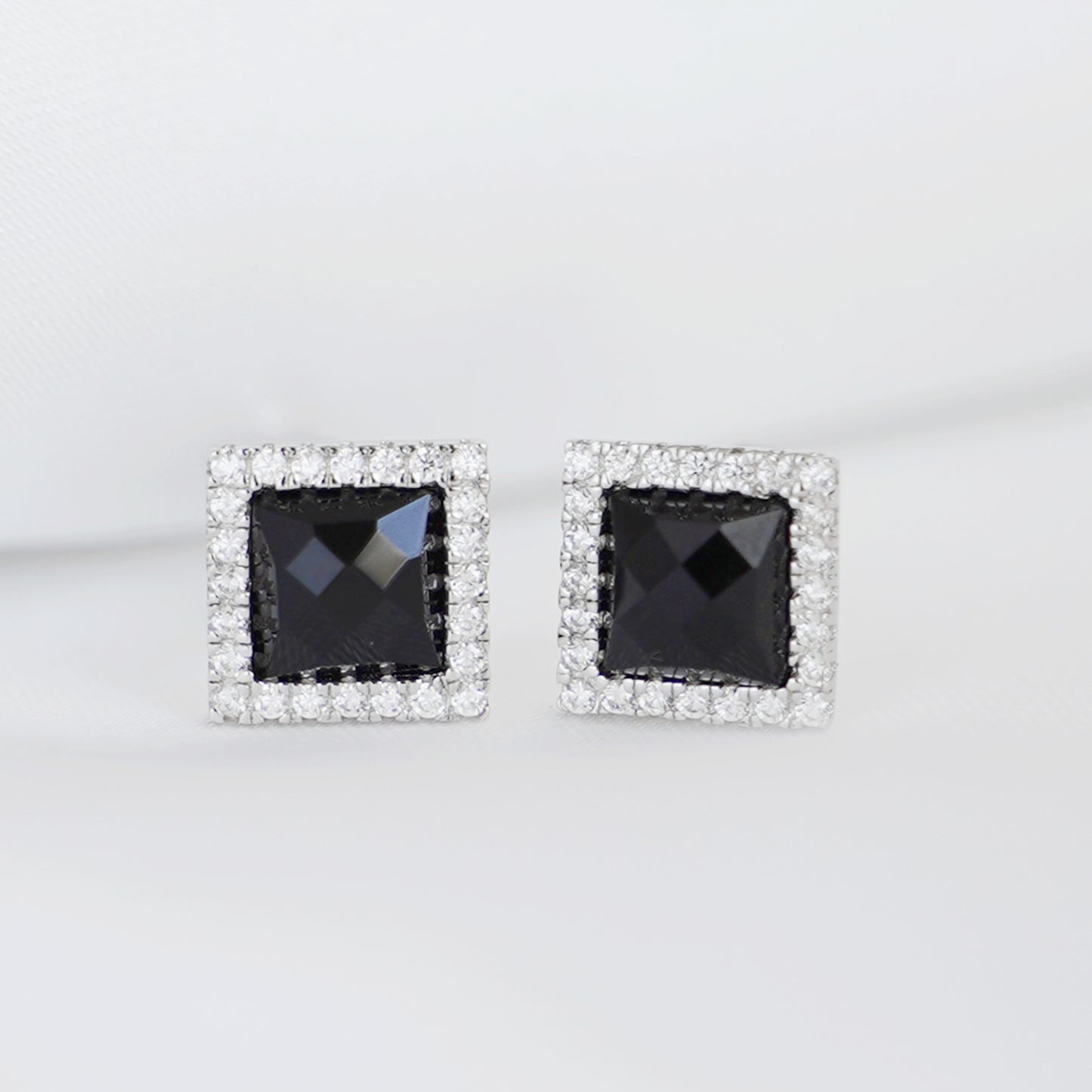 Sterling Silver Natural Cut Convex Black Agate Square CZ Stud Earrings Necklace - sugarkittenlondon
