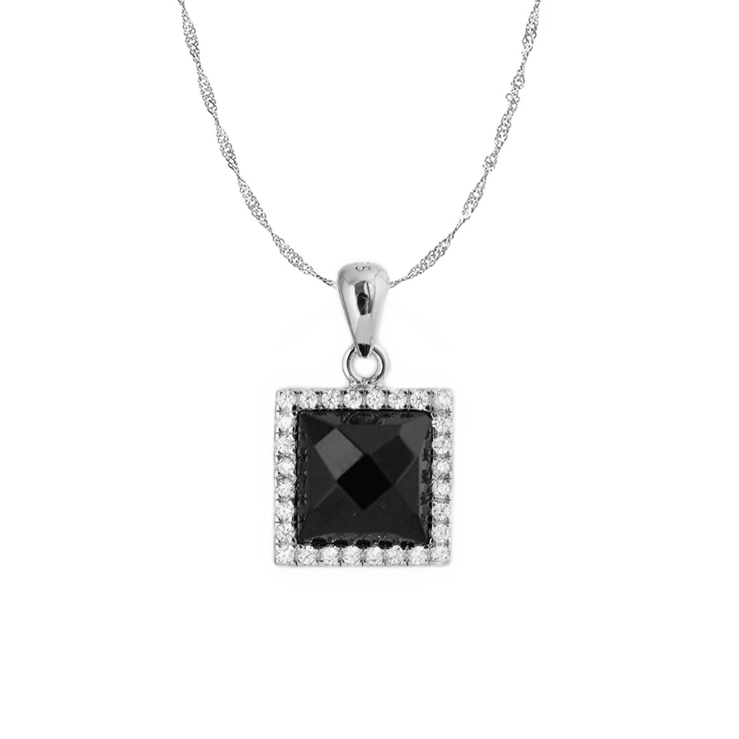 Sterling Silver Natural Cut Convex Black Agate Square CZ Stud Earrings Necklace - sugarkittenlondon