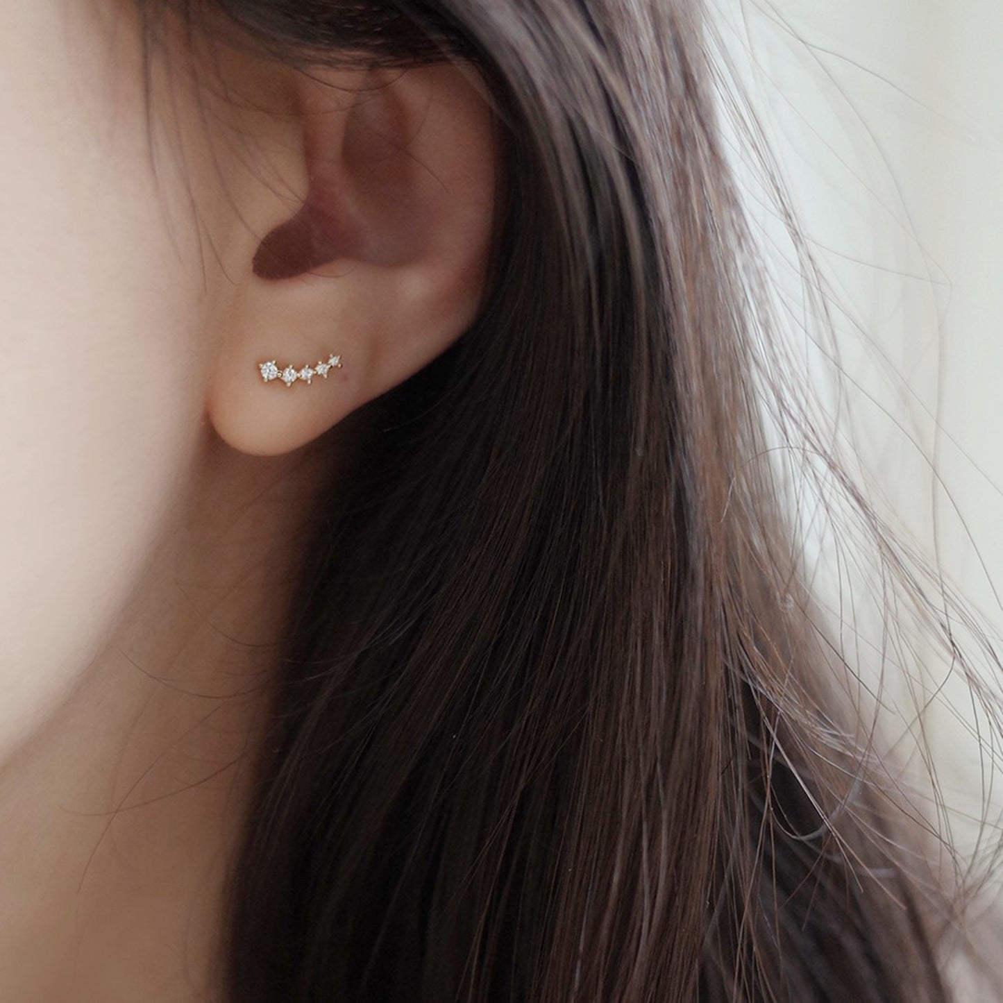Gold on Sterling Silver Mini Linked CZ Star Line Drop Climber Stud Earrings - sugarkittenlondon