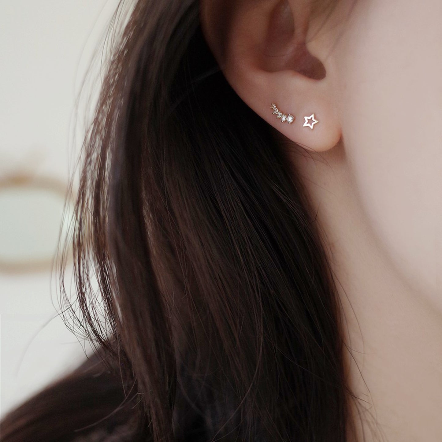 Gold on Sterling Silver Mini Linked CZ Star Line Drop Climber Stud Earrings - sugarkittenlondon