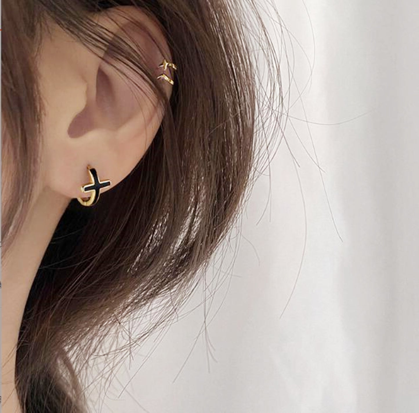 Sterling Silver Black Glazed Cross 9mm Hoop Huggie Unisex Earrings - sugarkittenlondon