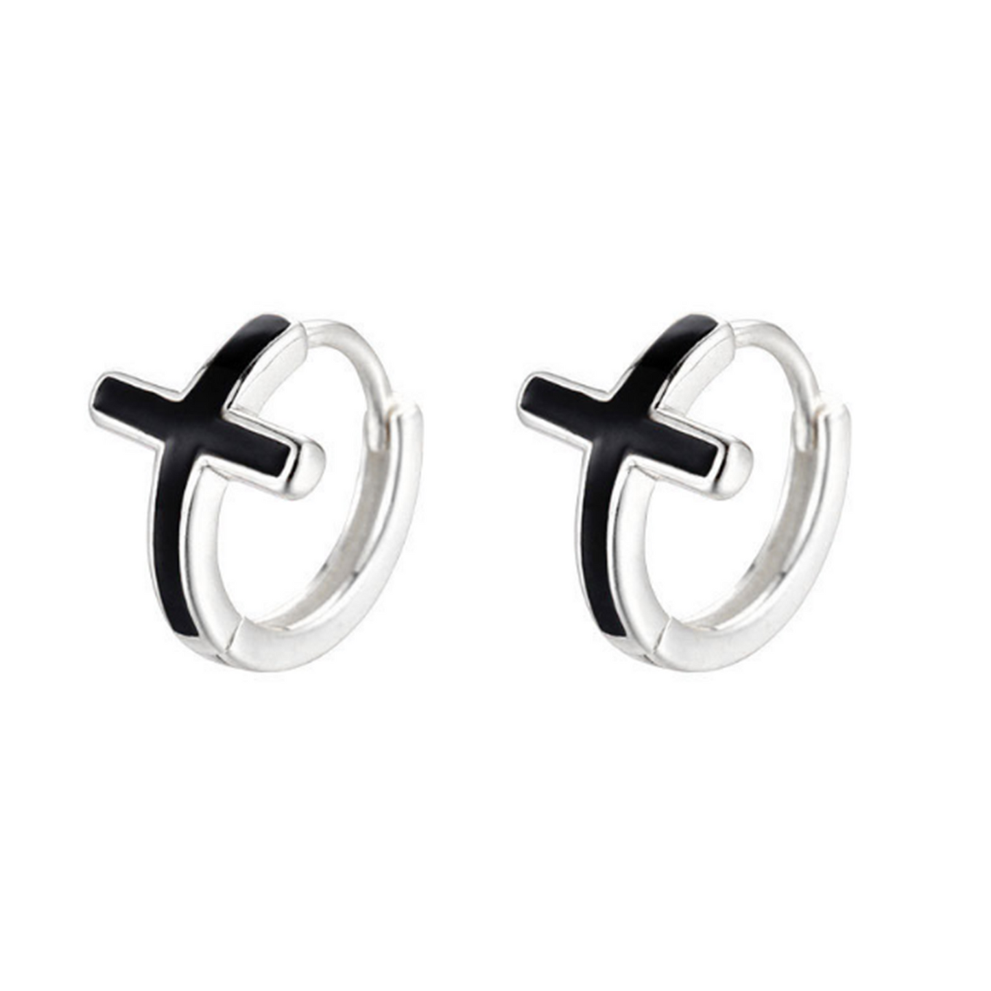 Sterling Silver Black Glazed Cross 9mm Hoop Huggie Unisex Earrings - sugarkittenlondon