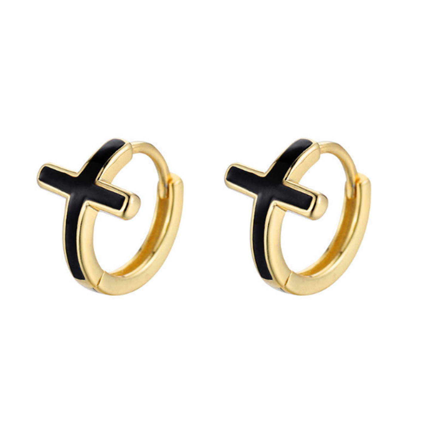 Sterling Silver Black Glazed Cross 9mm Hoop Huggie Unisex Earrings - sugarkittenlondon