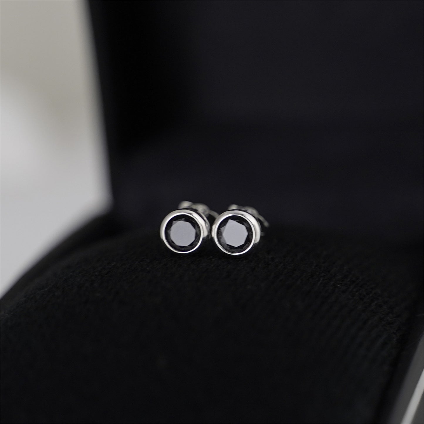 Sterling Silver 3 4 5 6 7 8mm CZ Round Bezel Rubover Clear Black Stud Earrings - sugarkittenlondon