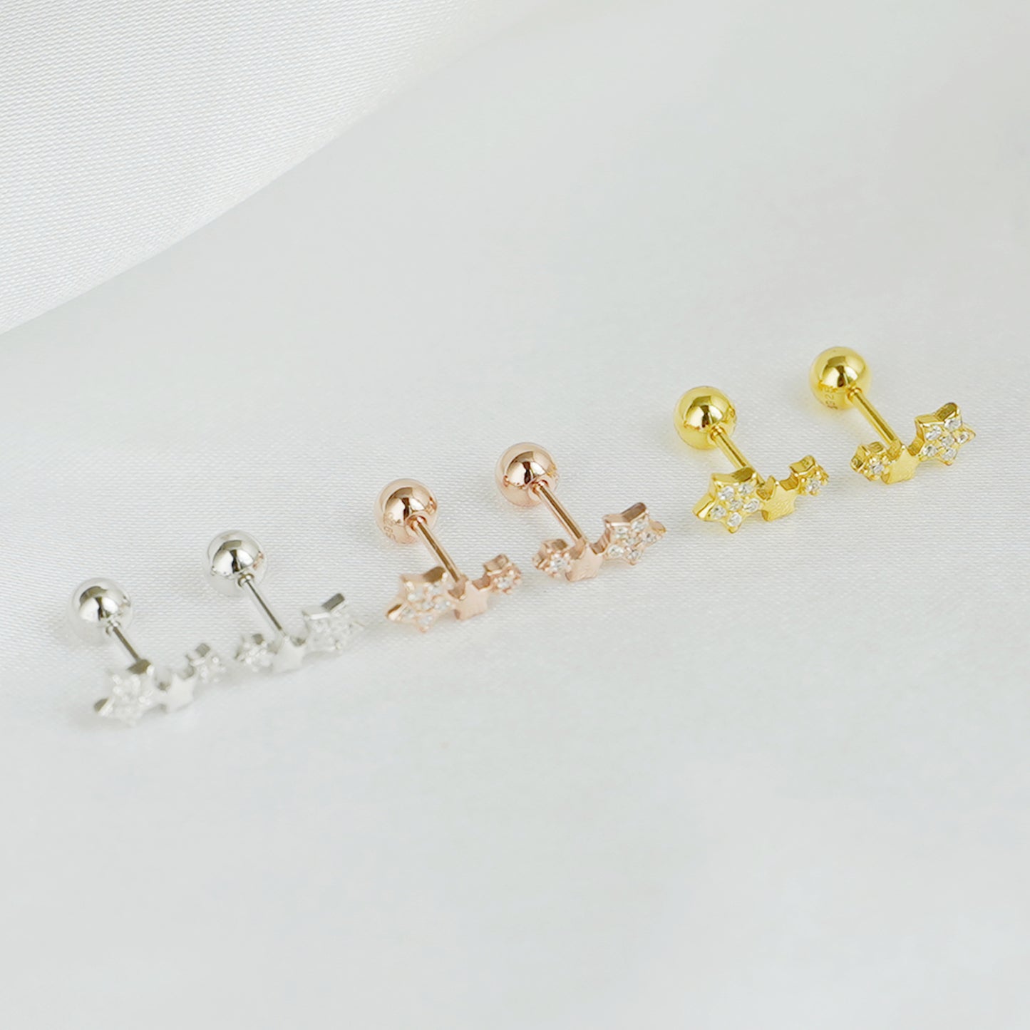 Sterling Silver Mini Triple CZ Stars Barbell Bead Ball Screw Back Stud Earrings - sugarkittenlondon