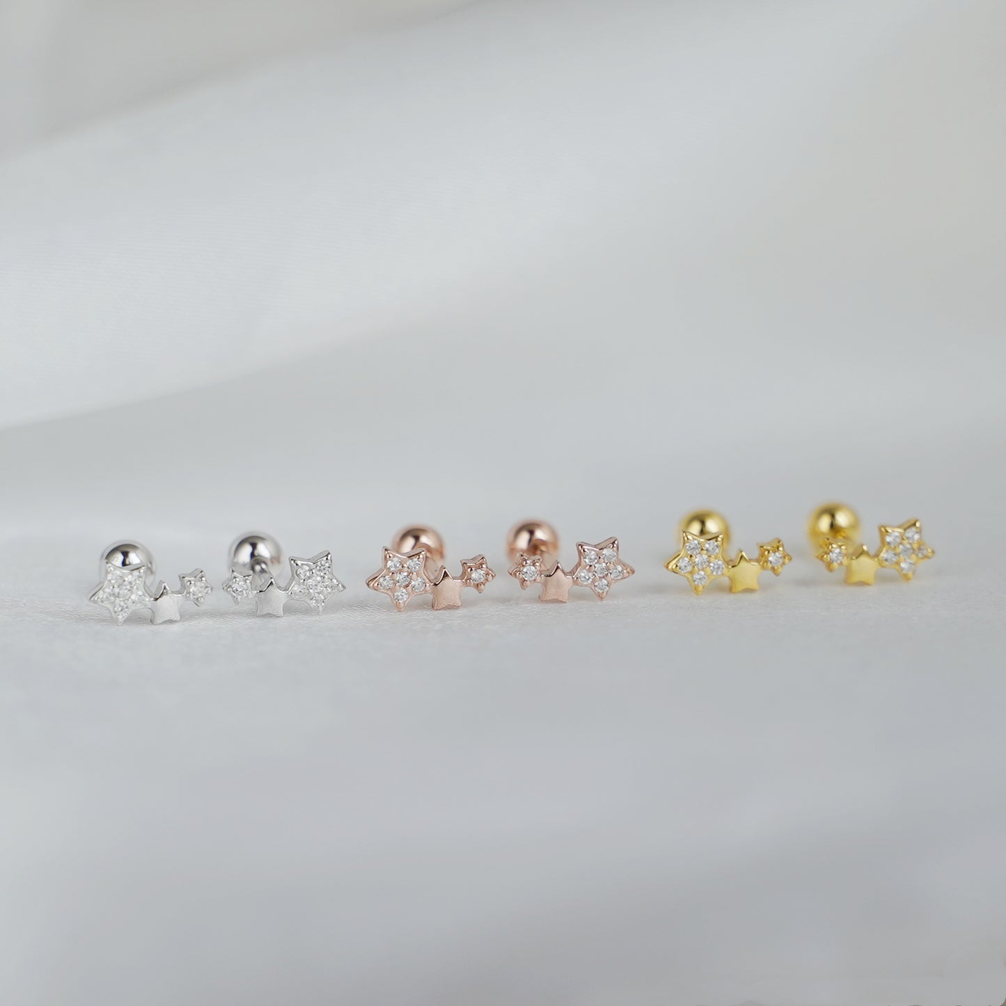Sterling Silver Mini Triple CZ Stars Barbell Bead Ball Screw Back Stud Earrings - sugarkittenlondon