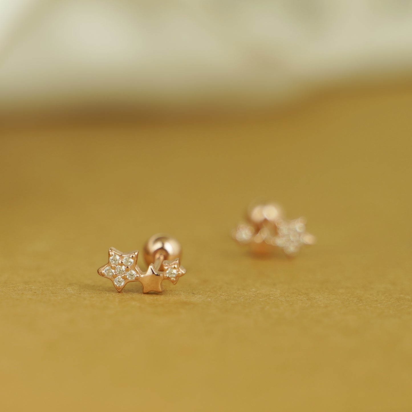 Rose Gold on Sterling Silver Triple CZ Star Bead Ball Screw Back Stud Earrings - sugarkittenlondon
