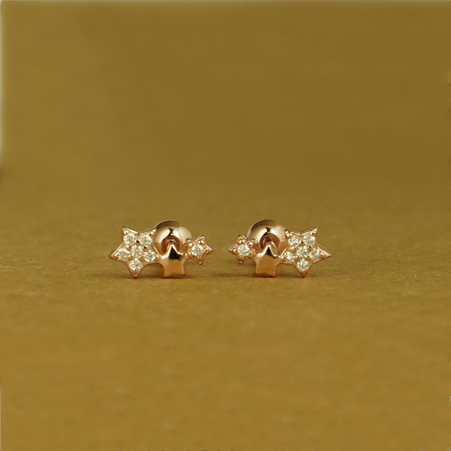 Rose Gold on Sterling Silver Triple CZ Star Bead Ball Screw Back Stud Earrings - sugarkittenlondon