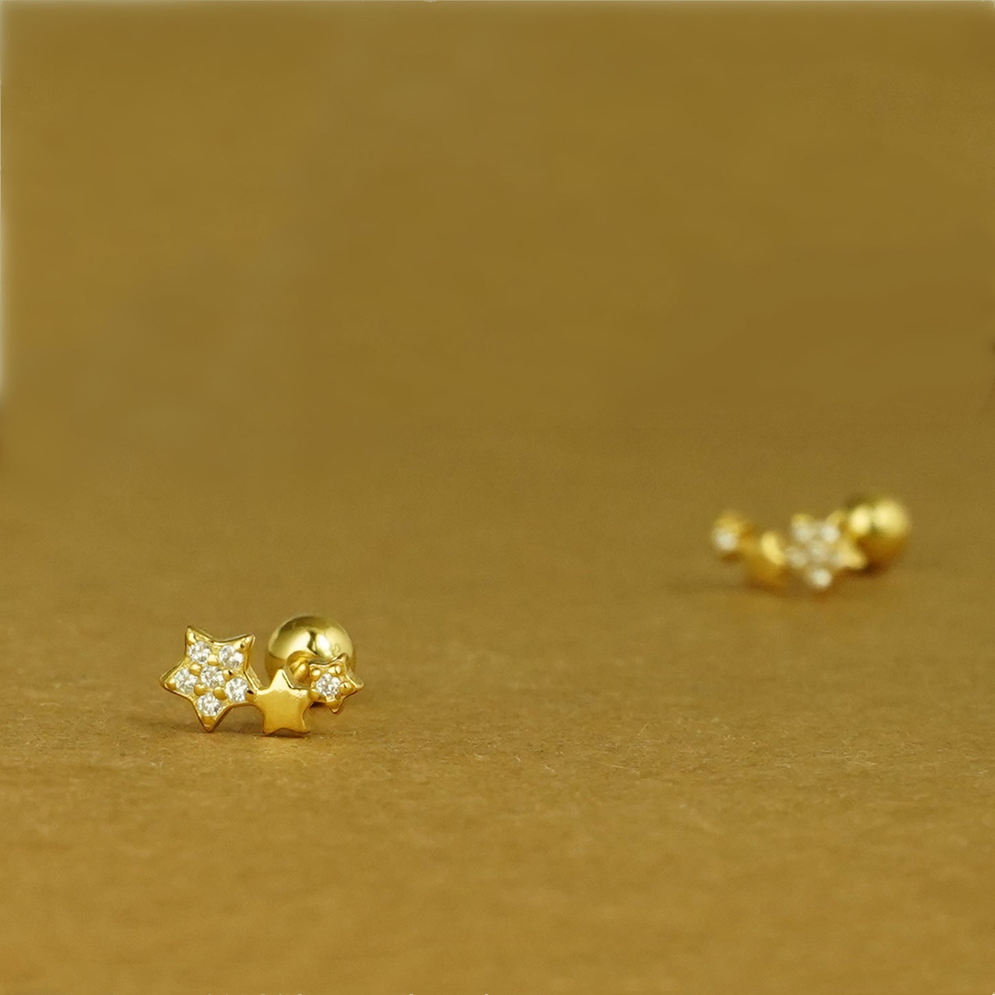 18K Gold on Sterling Silver Triple CZ Star Bead Ball Screw Back Stud Earrings - sugarkittenlondon