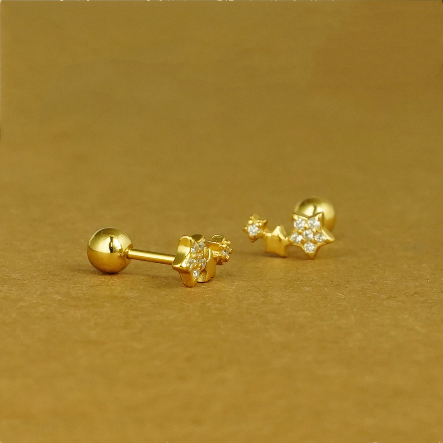 18K Gold on Sterling Silver Triple CZ Star Bead Ball Screw Back Stud Earrings - sugarkittenlondon